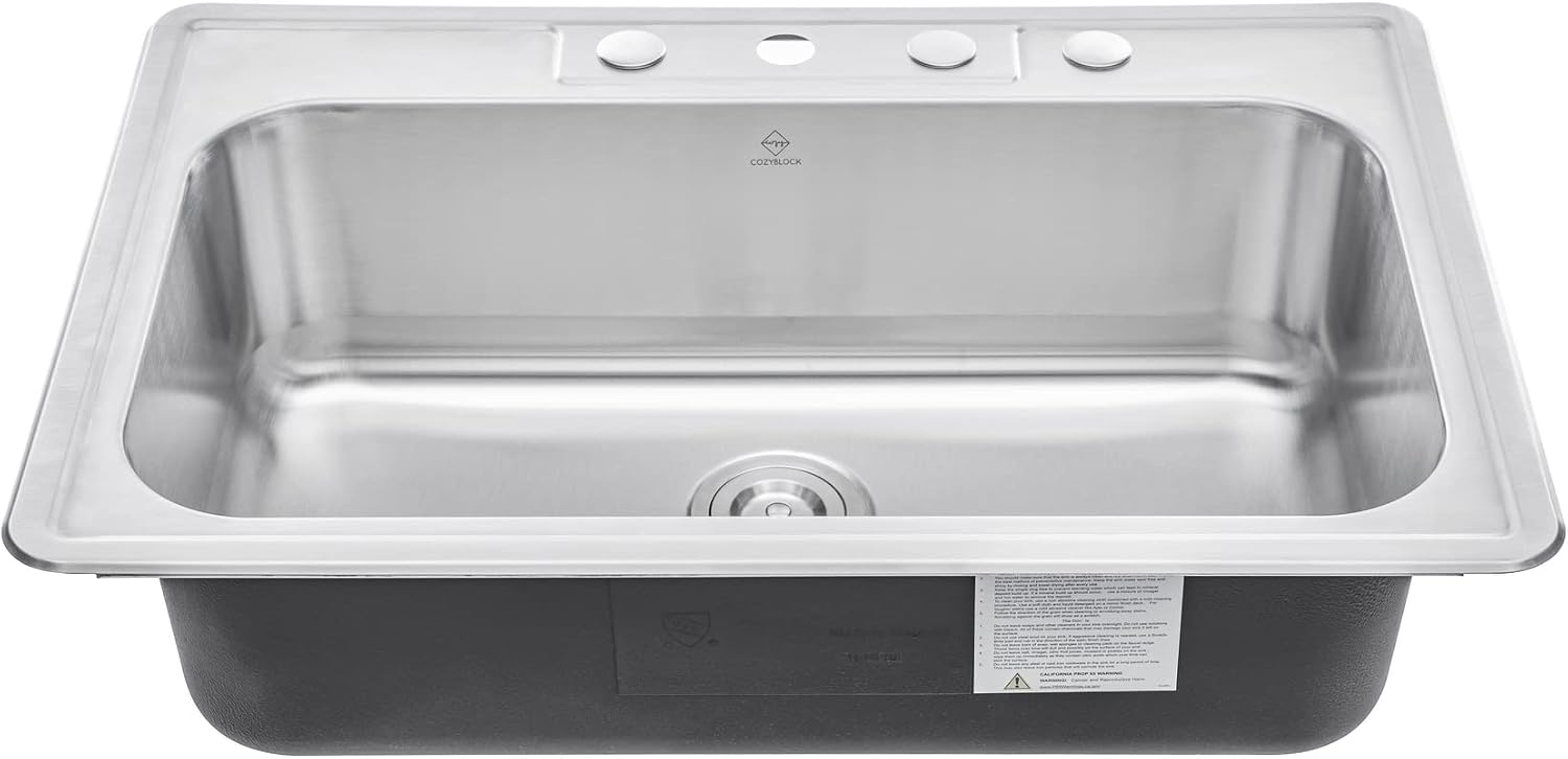 CozyBlock 33 x 22 x 9 Inch Top-mount/Drop-in Stainless Steel Single Bowl Kitchen Sink with Strainer - 18 Gauge Stainless Steel-4 Faucet Hole