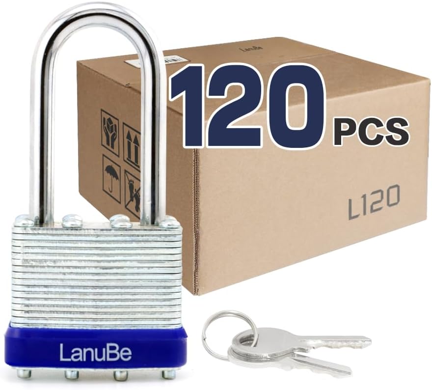 LanuBe Lock Laminated keyed Padlock (1-9/16', 40mm), keyed Alike Locks, Long Shackle, Marked Blue Plastic Hoop, Pack of 120