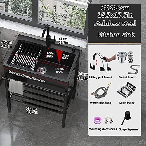 Freestanding Utility Sink,Free Standing Stainless Steel Sink, Outdoor Portable Handwashing Station Sink, Single Bowl Kitchen Sinks, Kitchen Utility Sink for(68x45x86 cm
