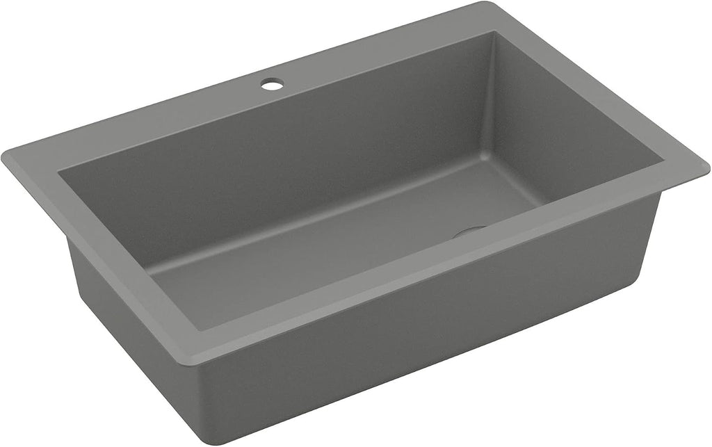 Karran QT-670 Drop-In/Top Mount 33' Single Bowl Granite Quartz Composite Kitchen Sink in Grey, Right Side Drain, Extra Deep 9' Basin, Heat & Scratch Resistant, Sound Dampening