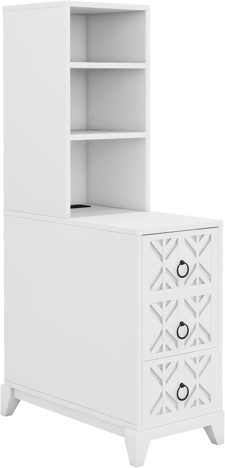 End Table with 3 Drawers & 2 Adjustable Shelves,Corner Table with USB & AC Charge Station,X-Shaped Carved Front,Solid Wood Frame,Tall Narrow Side Tables for Bedroom,Living Room,Small Space,White