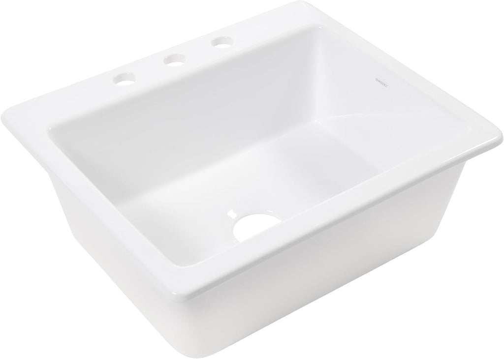 Sinkology Jackson 25 Inch White Fireclay Drop-In Kitchen Sink, Single Bowl, 3 Faucet Holes, Fits 28 Inch Cabinet, Surefire Finish