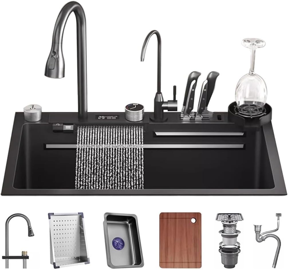 Waterfall Workstation Sink Stainless Steel Single-Bowl Kitchen Sink with Multifunctional Digital Display Fly Rain Pull-Out Faucet & Full Set of Accessories (Black-75x46x22cm