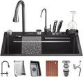 Generic Waterfall Workstation Sink Stainless Steel Single-Bowl Kitchen Sink with Multifunctional Digital Display Fly Rain Pull-Out Faucet & Full Set of Accessories (Color : Black, Size : 75x46x22cm)