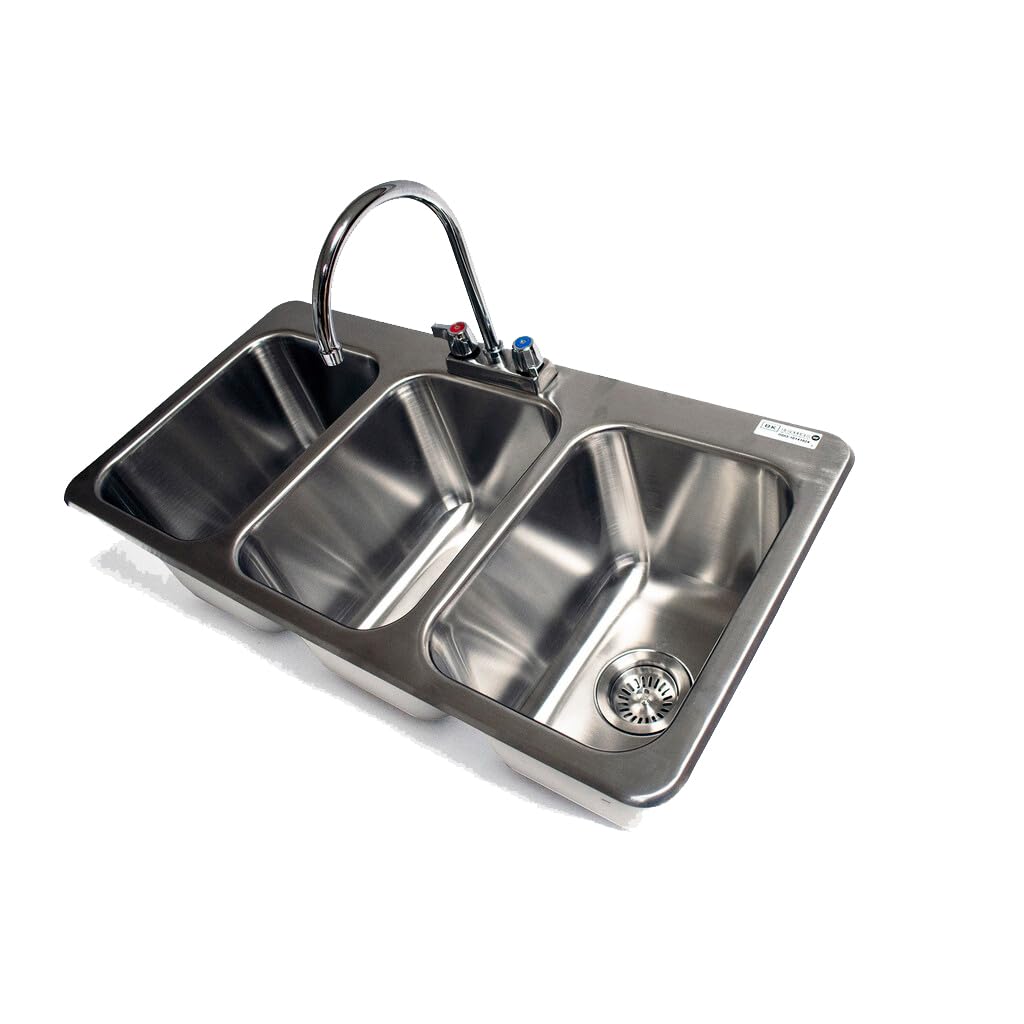 BK Resources NSF Commercial 3 Compartment Drop in Sink Faucet, 10'x14'x10' Bowl Size, 18 Gauge T-304 Stainless Steel, Top Mount, 8' Gooseneck Faucet, Seamless Deep Drawn Construction
