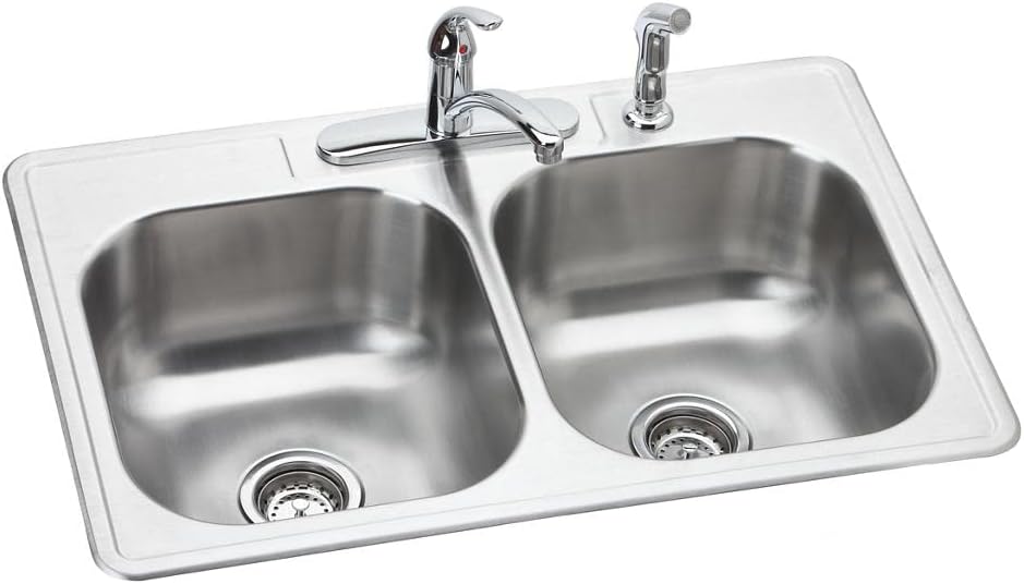 Elkay Dayton Stainless Steel 33' x 22' x 8-1/16', 4-Hole Equal Double Bowl Drop-in Sink and Faucet Kit