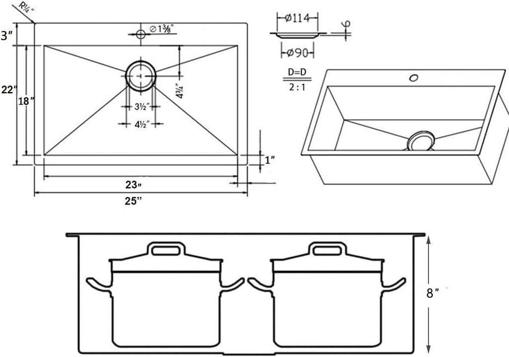 Friho 25x22 Drop in Kitchen Sink, Brushed Nickel Topmount Kitchen Sinks, SUS304 Commercial Handmade 16 Gauge Single Bowl Stainless Steel Sink with Basket Strainer