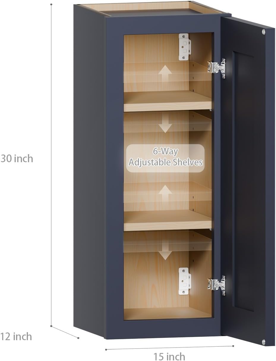 Blue Solid Wood Single Door Wall Cabinet 1 Door and 2 Shelves for Kitchen Storage, Bathroom Storage, Laundry,Adjustable Shelves Ready to Assemble(15'W×12'D×30'H)