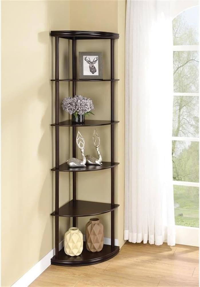 BOWERY HILL 5-Shelf Wooden Corner Bookcase, Mahogany Finish, Rubberwood and MDF, 71.75' H x 15.75' W x 15.75' D, Compact Space-Saving Design, Cappuccino Color, Bedroom, Den, or Office Shelving
