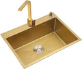 KITCHEN SINK Brushed Gold Single Bowl Bar Sink with Square Faucet and Drain Pipe Drop-in Or Undermount Suitable for Kitchen Courtyard Office Bar Laundry Sink (Color : Gold, Size : 60×45×21cm) (Go