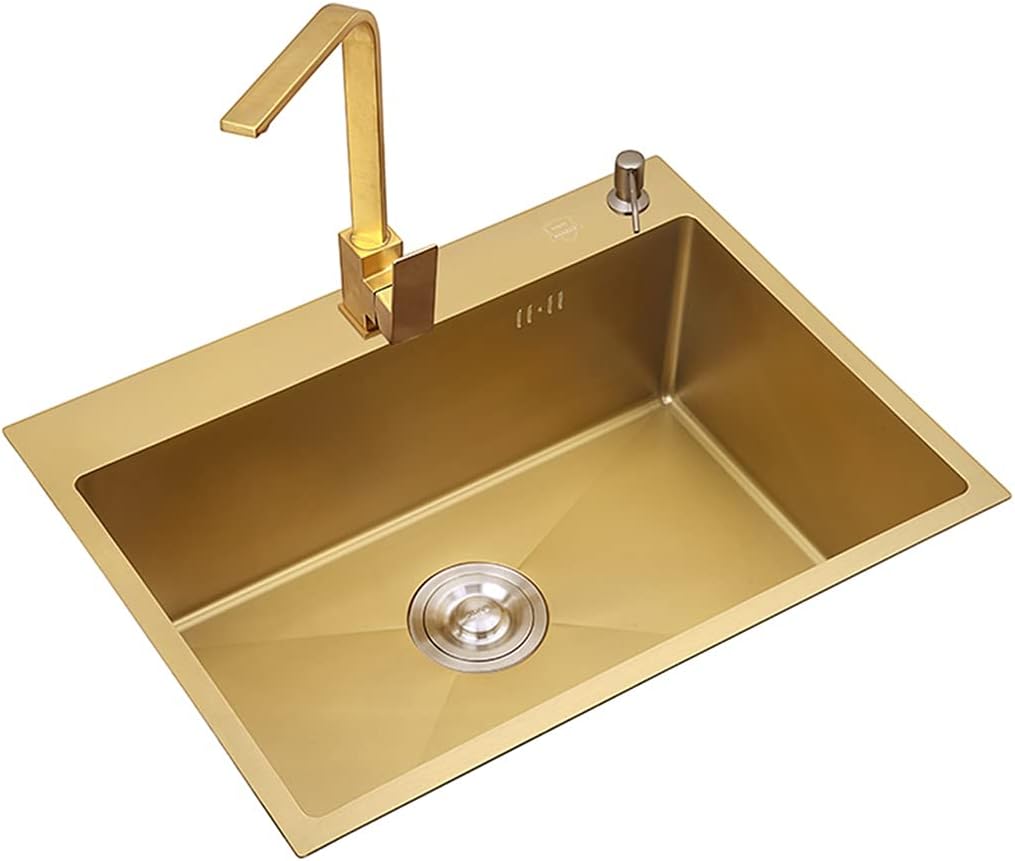Kitchen Sink Brushed Gold Single Bowl Stainless Steel Drop-in Or Undermount Kitchen Hardware with Square Faucet and Installation Kit (Color : Gold, Size : 45×40×21cm) (Gold 45×40×21cm)