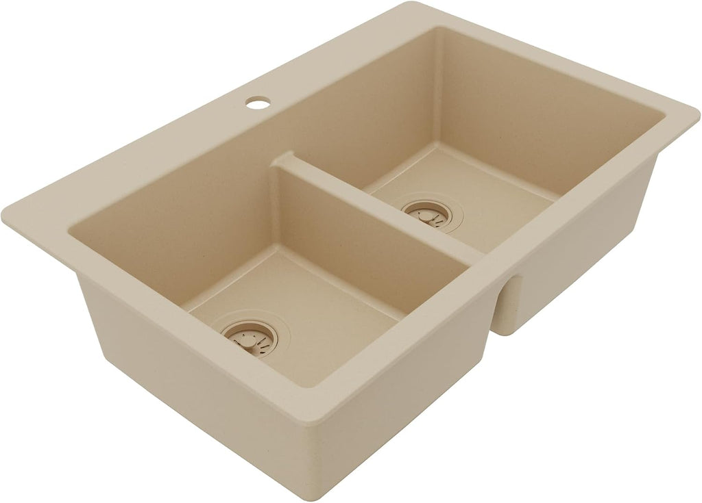 Karran 33' Bisque Quartz Composite Double Bowl Kitchen Sink – Top Mount Drop-In 50/50 Low Divider, 80% Natural Quartz, 535°F Heat Resistant, Sound Dampening, Granite Composite