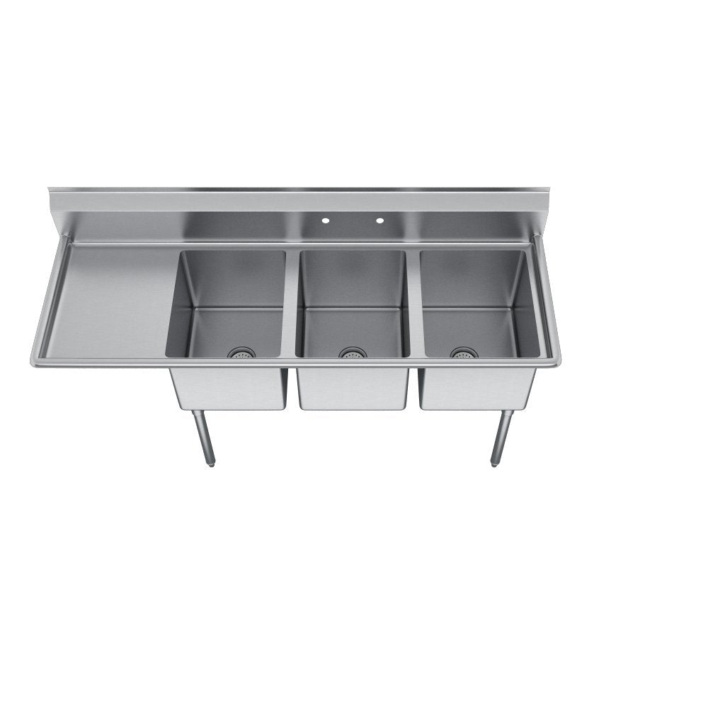 Elkay Foodservice 3 Compartment Sink, 72.5'X25.75' OA, 36' Working Height, 16X20 Bowl, 12 Deep, 9.75' Backsplash, Left 18' Drainboards, 8' On Center Faucet Hole, Galvinized Legs, Adjustable Feet, 18 Gauge 300 Series Stainless Steel, NSF Certified