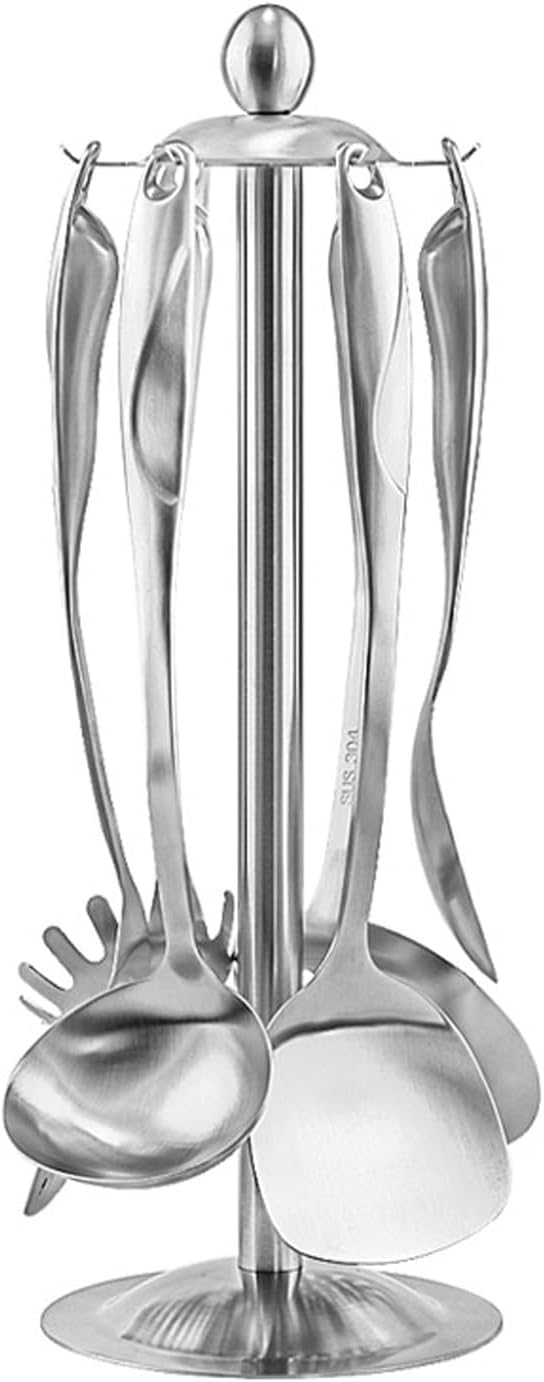 Stainless Steel Cooking Utensils Set with Holder, 7-Pieces All Metal Kitchen Utensils, Kitchen Tools with Countertop Rotating Stand