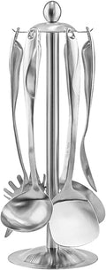 Stainless Steel Cooking Utensils Set with Holder, 7-Pieces All Metal Kitchen Utensils, Kitchen Tools with Countertop Rotating Stand