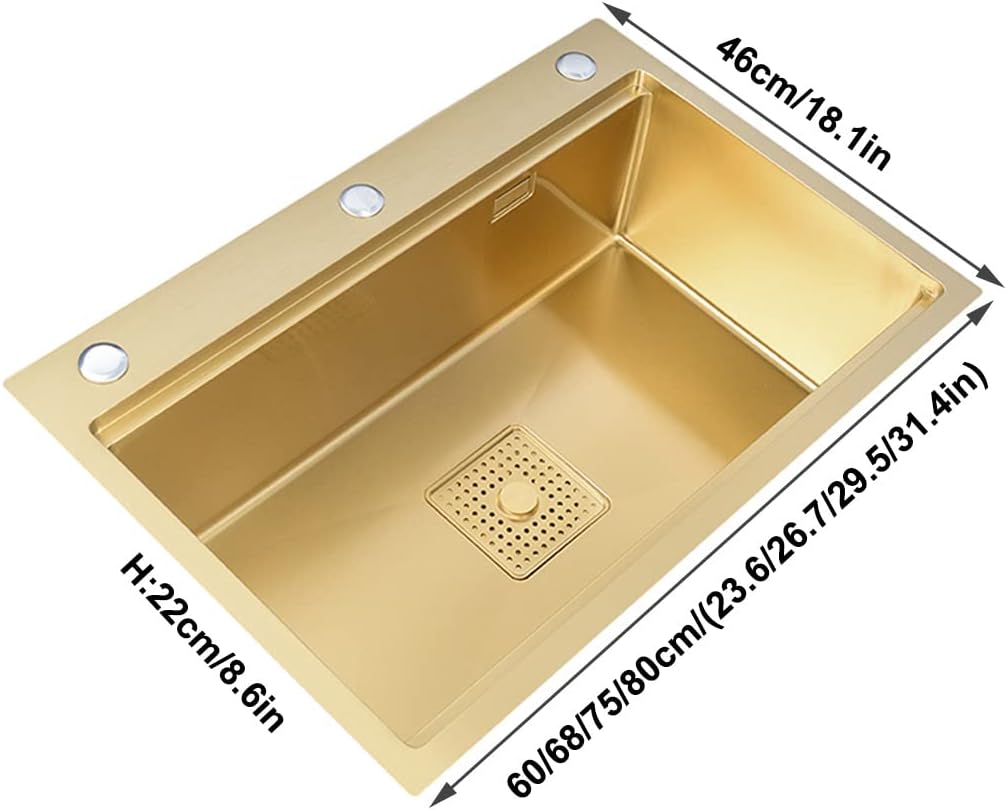 Kitchen Sink Gold Single Bowl Stainless Steel RV Sink Drop in Or Undermount with Big Bend Faucet and Clean Water Faucet (Color : Gold, Size : 60x46x22cm) (Gold 60x46x22cm)