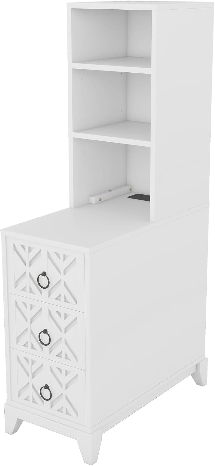 Mirightone Tall End Table with 3-Drawer and Shelves, Narrow Side Table with Charging Station, High Slim Corner Cabinet Bedside Table with Storage Bookcase for Living Room Bedroom, White