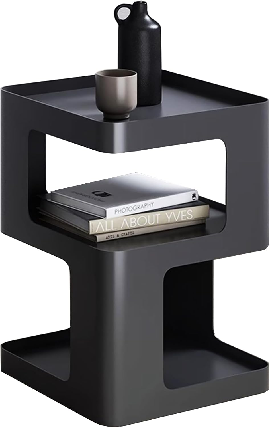 Modern Metal Side Table with Storage,Small End Table for Sofa & Couch,3-Tier Compact Nightstand for Small Spaces,Black Bedside Tables for Living Room & Bedroom,No Assembly Required