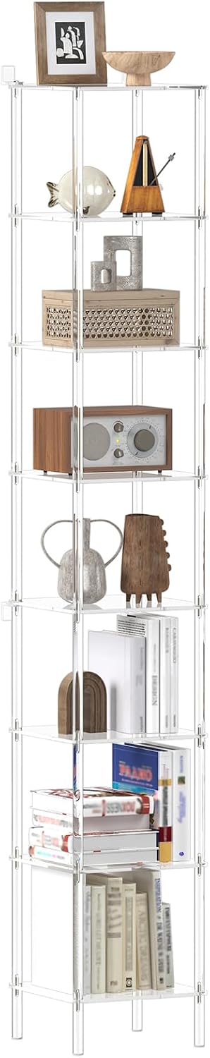 8-Tier Square Acrylic Bookshelf, Clear Tall Narrow Bookcase for Small Space, Corner Open Display Book Shelves for Home Office, Living Room, Bedroom, Modern, 11.6''W x 73.7''H