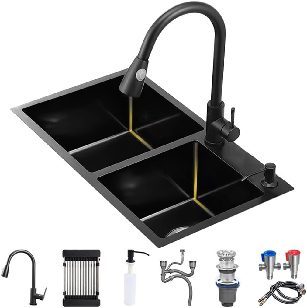 Stainless Steel Double Bowl Kitchen Workstation Sink with Pull-Out Faucet Multi-functional Bar Sink with and Complete Accessory Set Dual-Mount (Color : Black, Size : 80x45x21cm) (Black 72x40x21cm)