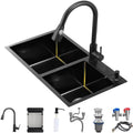 Stainless Steel Double Bowl Kitchen Workstation Sink with Pull-Out Faucet Multi-functional Bar Sink with and Complete Accessory Set Dual-Mount (Color : Black, Size : 80x45x21cm) (Black 72x40x21cm)
