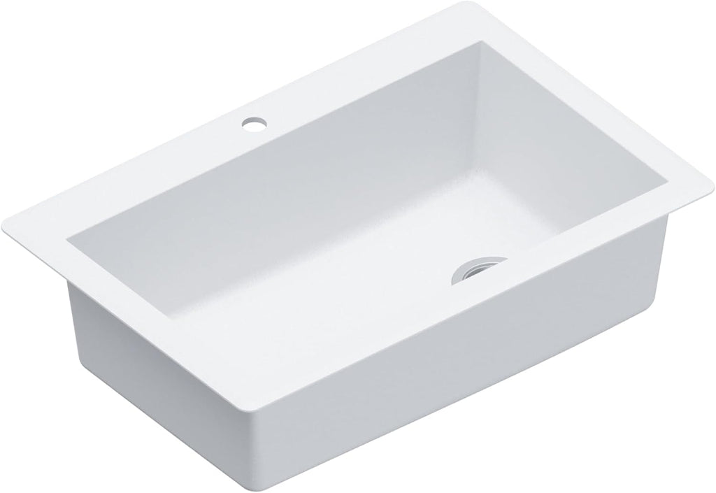 Karran QT-670 Drop-In/Top Mount 33' Single Bowl Granite Quartz Composite Kitchen Sink in White – Right Side Drain, Extra Deep 9' Basin, Heat & Scratch Resistant, Sound Dampening