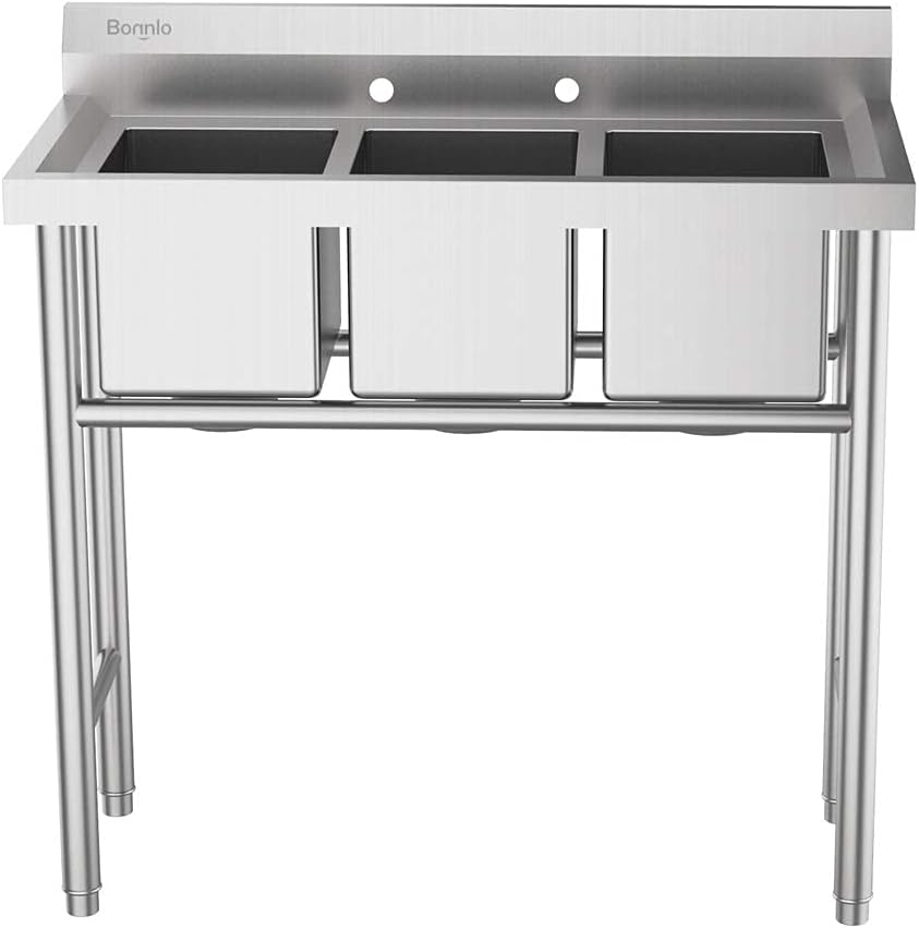 Bonnlo 3-Compartment NSF 304 Stainless Steel Utility Sink Commercial Grade Laundry Tub Culinary Sink for Outdoor Indoor, Garage, Restaurant, Kitchen, Laundry/Utility Room - 39' W x 18' D x 40.2' H