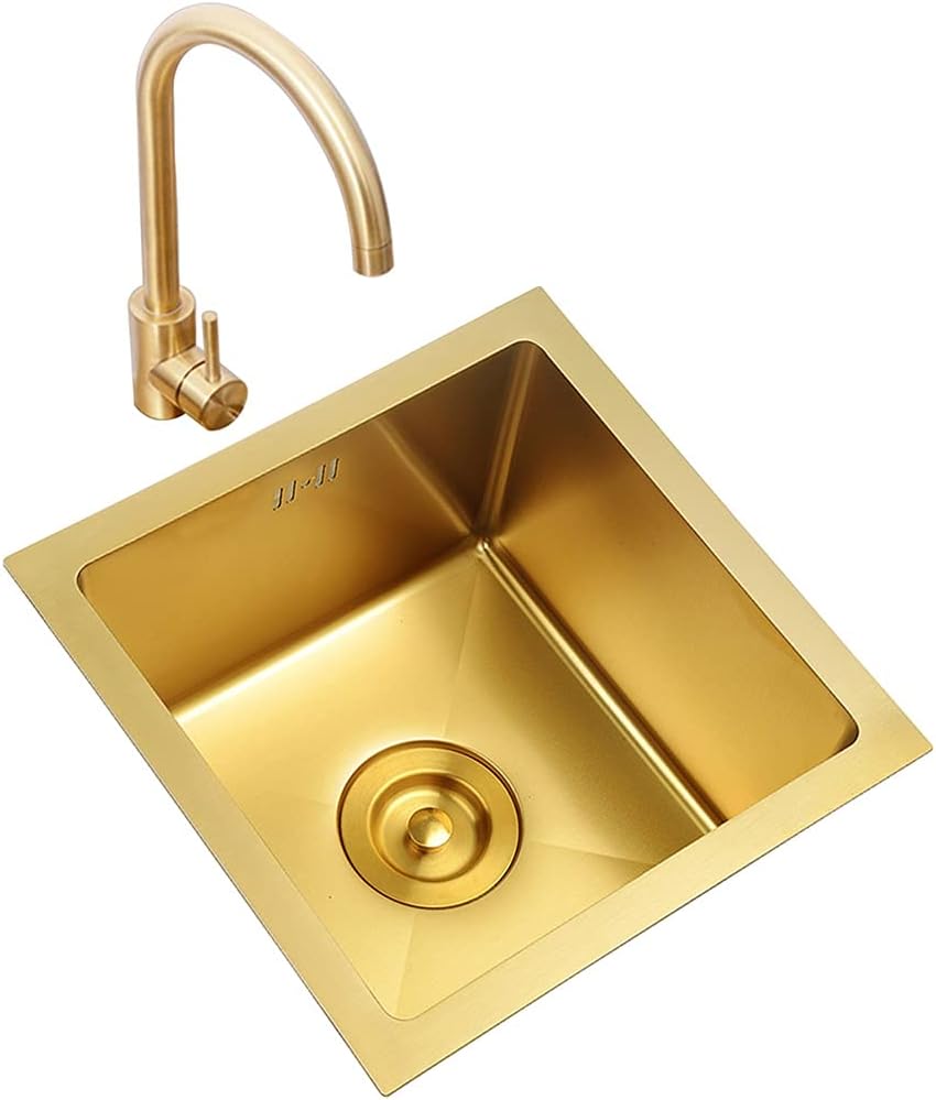 Kitchen Sink Single Bowl Bar Counter Preparation Gold 304 Stainless Steel with Faucet and Drain Pipe Drop-in Or Undermount (Color : Gold, Size : 38×38cm) (Gold 36×36cm)