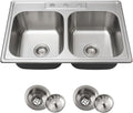 Kitsitchen 33x22 Drop in Kitchen Sink, 33 Inch 304S Stainless Steel Double Bowl Kitchen Sinks with 50/50 Design and Two Strainer, 33' X 22'X 9' Large and Deep Top Mount Kitchen Sinks with 3 holes
