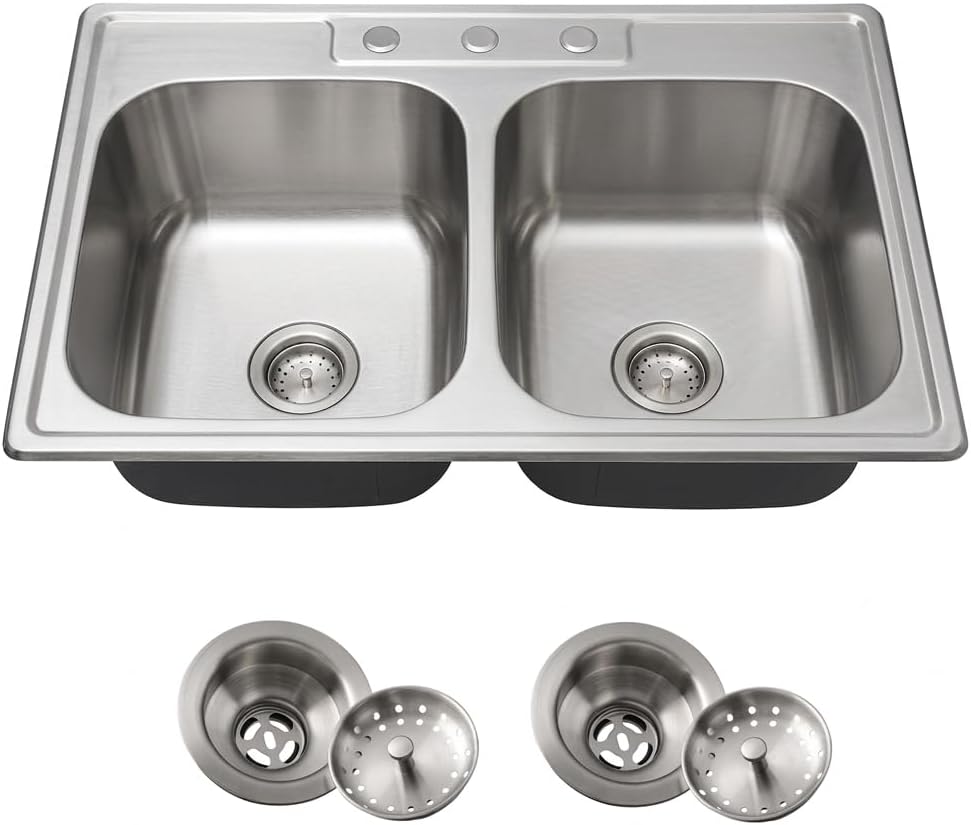 Kitsitchen 33x22 Drop in Kitchen Sink, 33 Inch 304S Stainless Steel Double Bowl Kitchen Sinks with 50/50 Design and Two Strainer, 33' X 22'X 9' Large and Deep Top Mount Kitchen Sinks with 3 holes