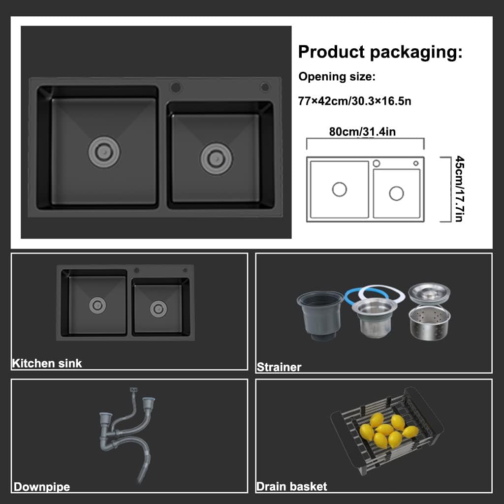 Kitchen Sink Black Double Bowl Kitchen Bar Sink Stainless Steel RV Sink with Drain Assembly Top Mount Or Undermount (Color : Black, Size : 82x45x22cm) (Black 80x45x22cm)