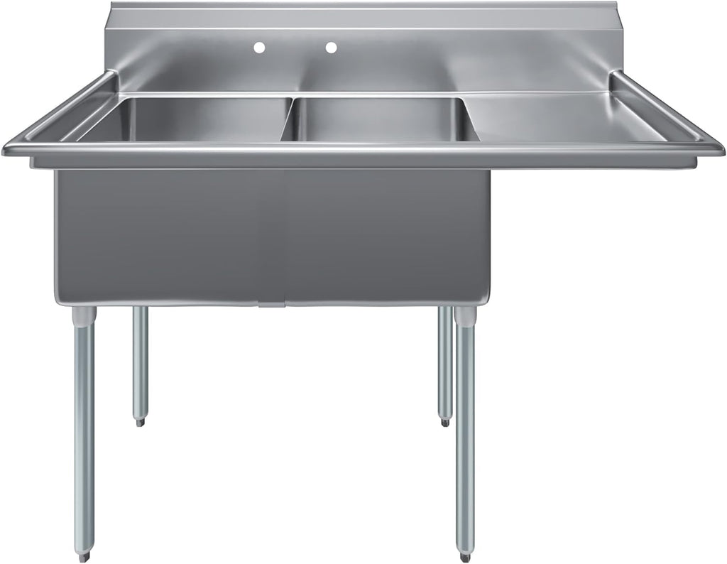 Stainless Steel Prep & Utility Sink | 304 Stainless Steel | Restaurant, Kitchen, Laundry, Garage | NSF (23 in. x 57 in. | Two Bowls | Right Drainboard)