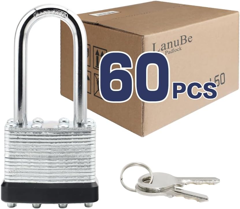 LanuBe Lock Laminated keyed Padlock (1-9/16', 40mm), keyed Alike Locks, Long Shackle,Marked Black Plastic Hoop, Pack of 60