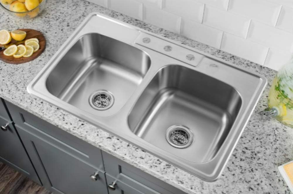 Kitchen Sink Stainless Steel Drop in Top Mount 33' x 22', 4 Hole (33 inch Drop-in Topmount 50/50 Double Bowl with Strainers)