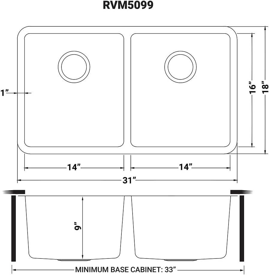 Ruvati 31- inch Undermount Kitchen Sink – 50/50 Double Bowl Kitchen Sink, 16 Gauge T-304 Stainless Steel Sinks, Undermount Sinks with Brushed Finish hides scratches – RVM5099