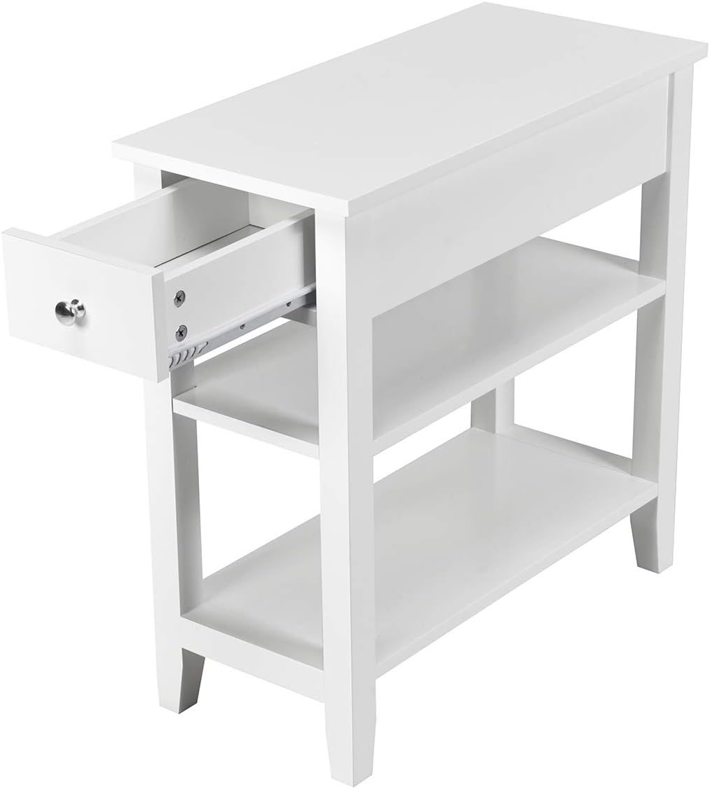 Giantex Narrow End Table Set of 2, Small Side Table with Drawer and Shelf, Wood Accent Sofa Table, Skinny Nightstand for Small Space Living Room Bedroom, White
