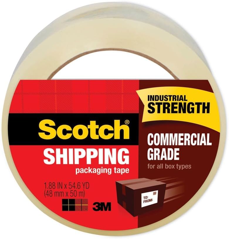 Scotch Commercial Grade Shipping Packaging Tape, Clear, 1.88 in x 54.6 yd, 1 Roll with Heavy Duty Dispenser, Industrial Strength, Heavy Duty Packing Tape for Shipping, Moving, and Storage