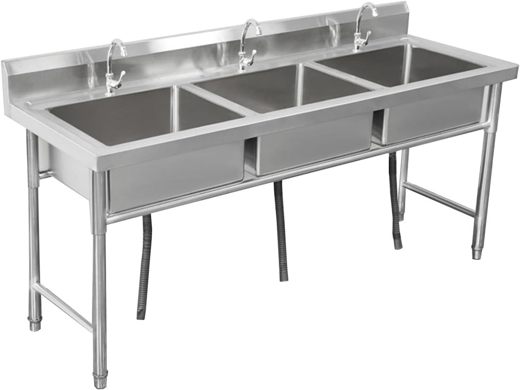 Stainless Steel Triple Bowl Kitchen Sink, Free Standing Utility Sink, Multipurpose Vanity Basin for Laundry Room,Garage,Basement(100X50cm/39.3X19.6in)