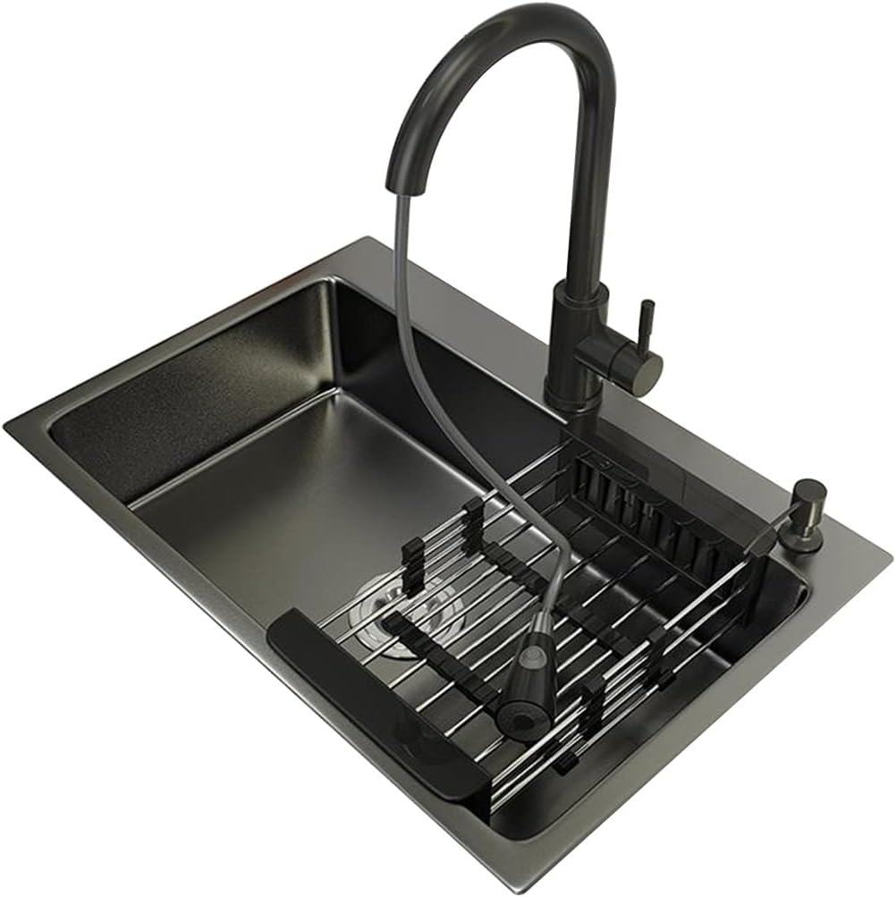 Kitchen Sink Modern Nano Black Single Bowl Bar Prep 304 Stainless Steel RV Sink with Pull Out Faucet & Drain Top Mount Or Undermount (Color : Black, Size : 55x45x22cm) (Black 55x45x22cm)