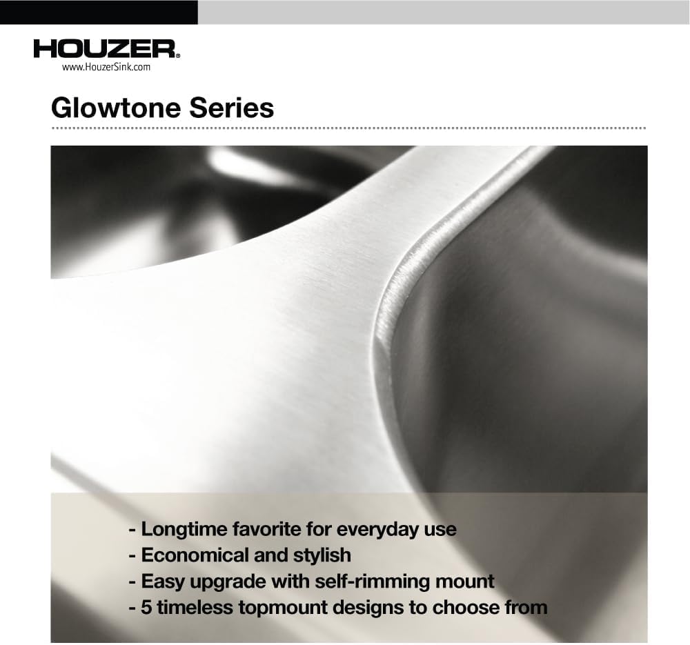 Houzer 3322-8BS3-1 Glowtone Series Topmount Stainless Steel 3-hole 50/50 Double Bowl Kitchen Sink, 8-Inch Deep