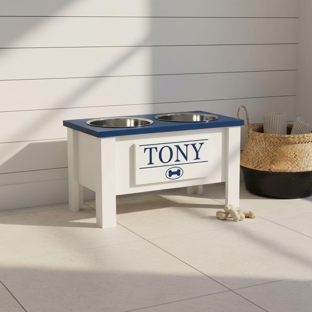 GTW Elevated Dog Bowl Stand for Large Dogs - Customized Feeding Station with Storage & Stainless Steel Bowls (Large, Blue)