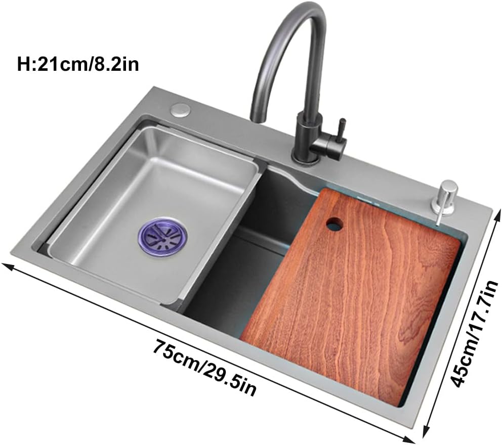 Home Décor Bar Sink Stainless Steel Single Bowl Kitchen Sink Drop-in or Undermount with Big Bend Faucet and Installation Kit Suitable (75 * 45 * 21Cm