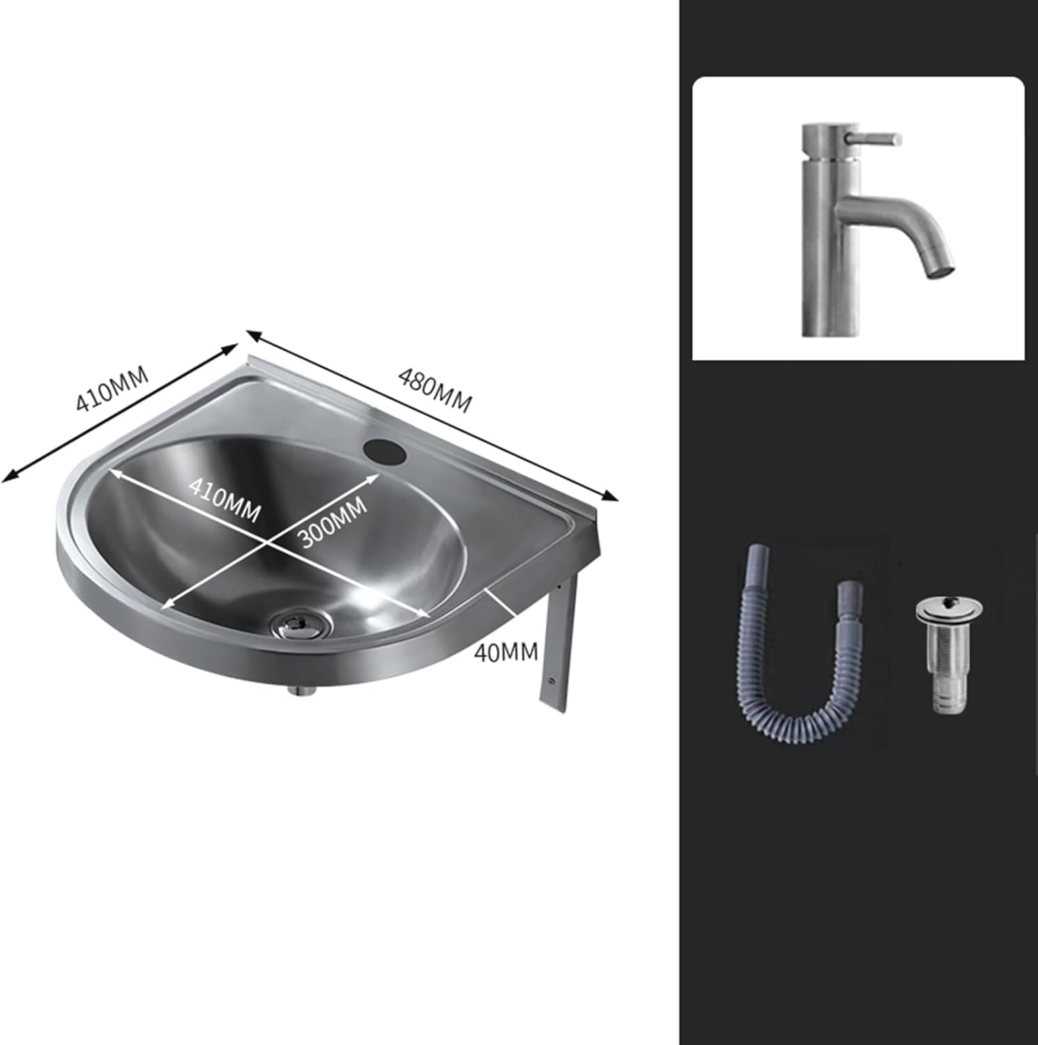 Wall Mounted Commercial Restaurant Sink, Stainless Steel Hand Basin with Faucet and Drain, Single Bowl Kitchen Sinks, for Commercial Restaurant Home Kitchen Workshop,Hot and cold water faucet-1