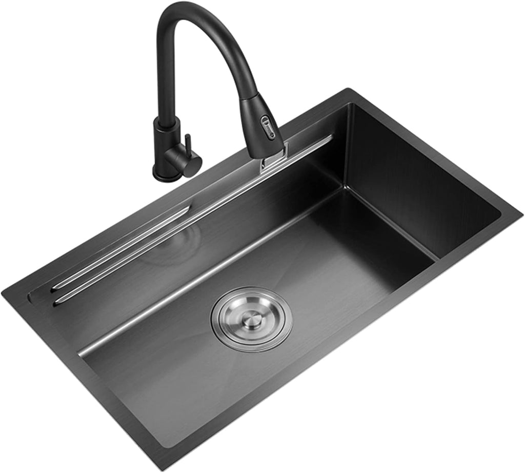 304 Stainless Steel Ladder Type Kitchen Sink Under Mount Single Bowl Bar Sink Multi-functional RV Sink with Pull-Out Faucet and Drainage Components (Color : Black-b, Size : 75x41x21cm) (Blacka 75x