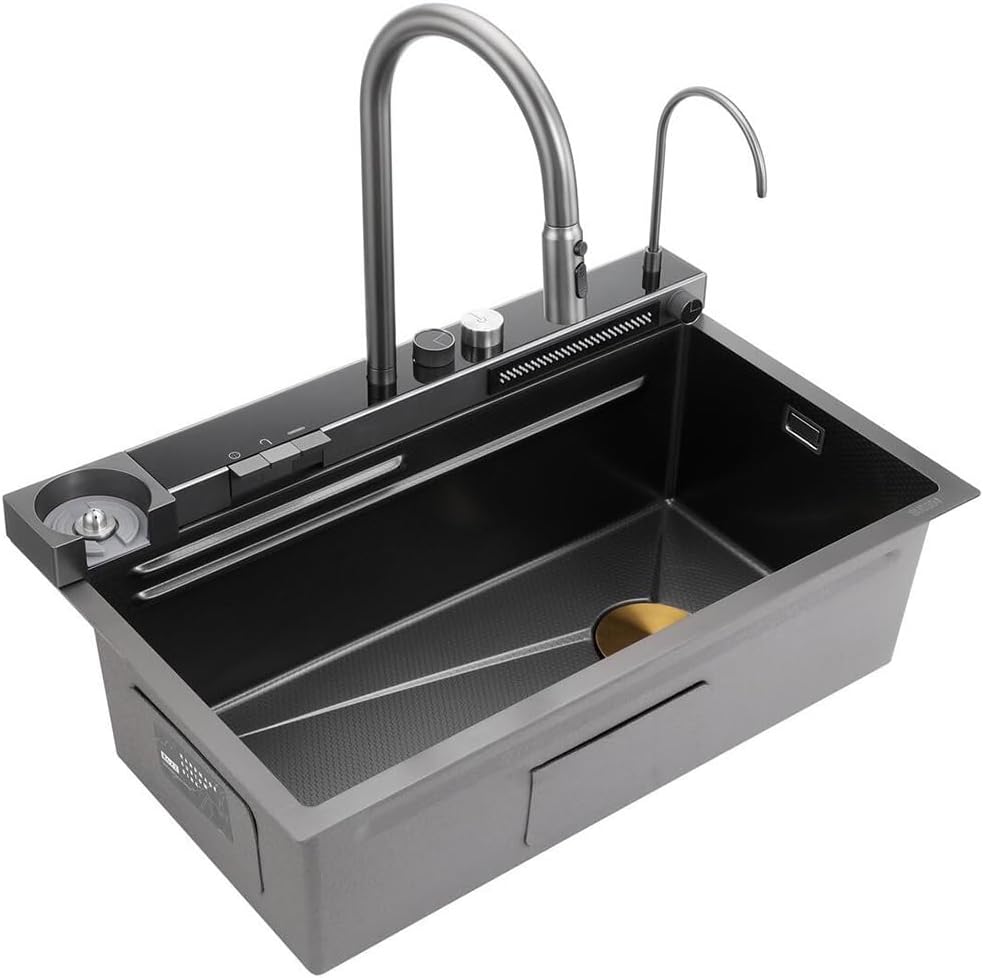 304 Stainless Steel Kitchen Sink Versatile Single-Bowl Kitchen Workstation Sink Waterfall Pull-Down Faucet and Complete Accessory Set (Black 75x46x21cm)