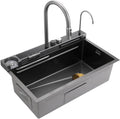 304 Stainless Steel Kitchen Sink Versatile Single-Bowl Kitchen Workstation Sink Waterfall Pull-Down Faucet and Complete Accessory Set (Black 75x46x21cm)