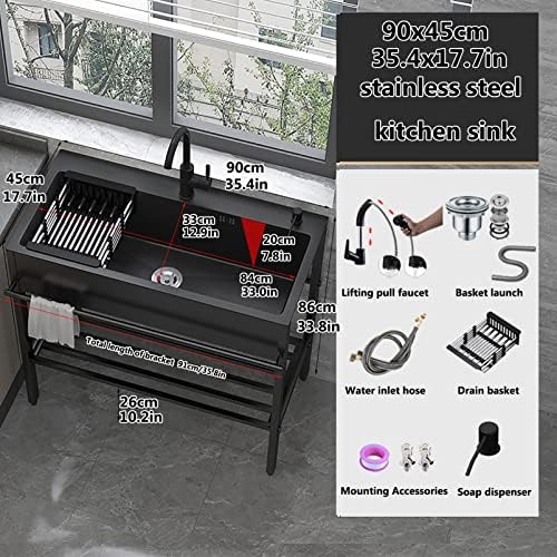 Freestanding Utility Sink,Free Standing Stainless Steel Sink, Outdoor Portable Handwashing Station Sink, Single Bowl Kitchen Sinks, Kitchen Utility Sink for(90x45x86cm