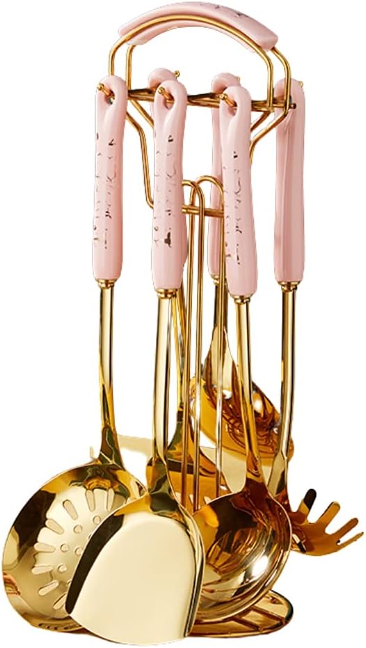 Stainless Steel Kitchen Utensil Set Kitchen Utensils Set with Holder Stainless Steel Cooking Utensil Set Ceramic Handle Farmhouse Style Cooking Tool Easy Clean，Pink