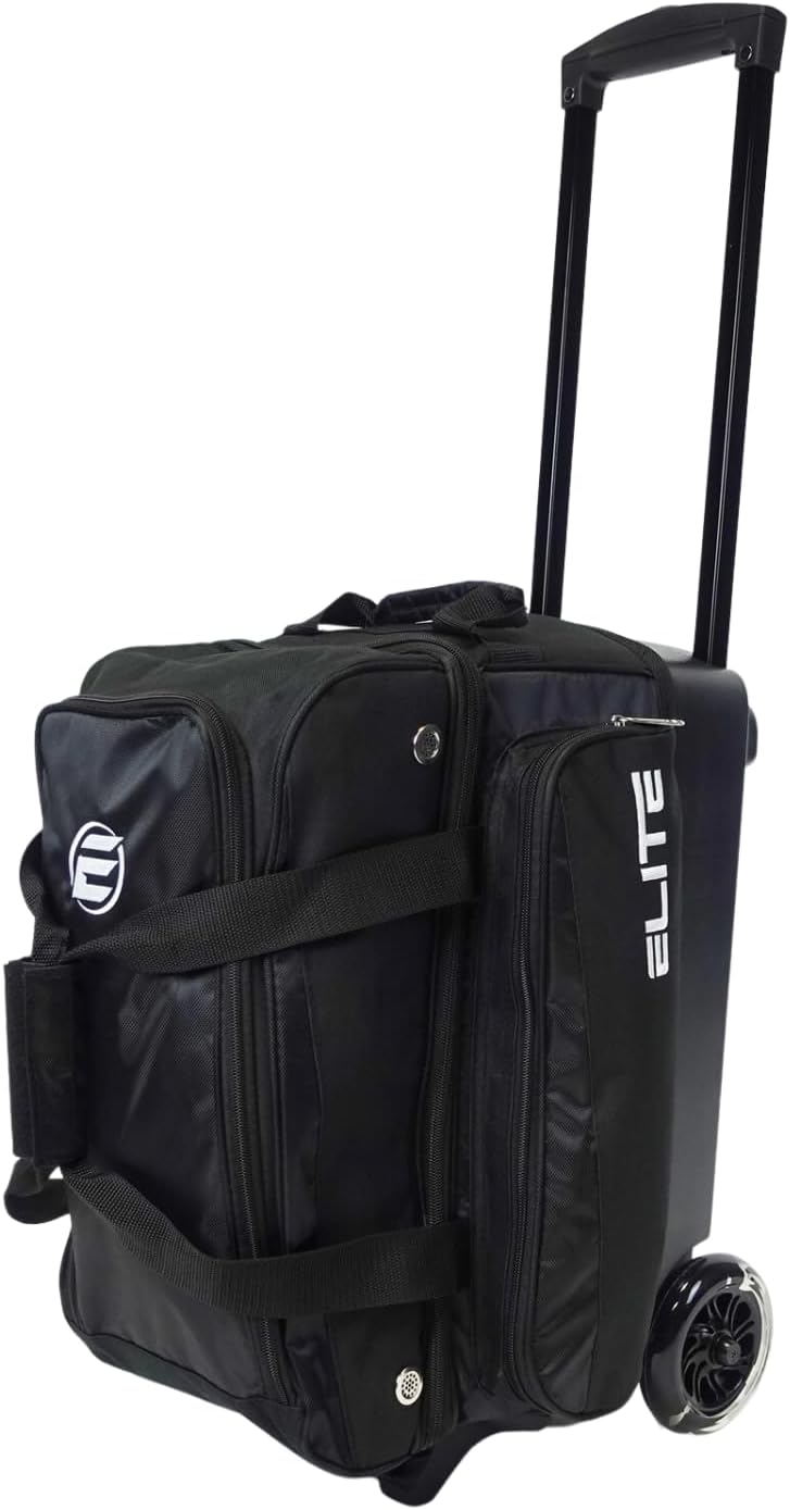 ELITE Deluxe 2 Ball Bowling Bag with 5' Smooth Wheels - Large Accessory Pocket, Shoe Compartment, 36' Extendable Handle