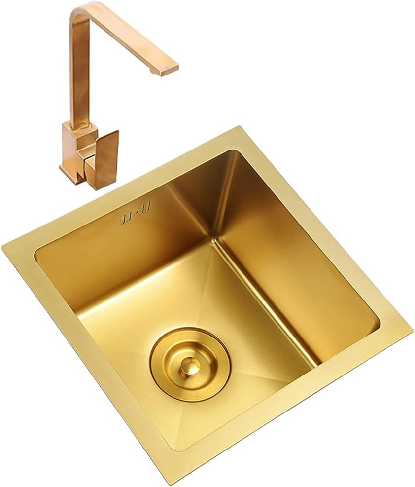 Kitchen Sink Gold Single Bowl Bar Counter Preparation with Faucet and Drain Pipe Drop-in Or Undermountstainless Steel Metal Sink Kitchen Essentials Bar Cleaning Container (Gold 38×38cm)